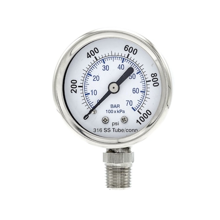 Pic Gauges 2 in Dial, 1/4 in NPT Male Lower Location, Stainless Steel Case Material PRO-301D-204M-01